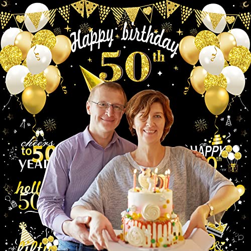 Large 50th Birthday Decorations, Big 50 Birthday Banner for Women Men, Black Gold Funny Fifty Years Bday Photo Booth Props...