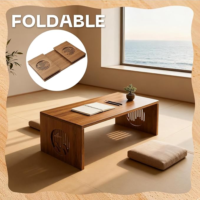 GSYUWIH Folding Coffee Table, Japanese Folding FloorTable, Foldable Bamboo Floor Coffee Table, Portable Coffee Tables with No Assembly Required, Suitable for Tea Rooms, Restaurants, and Living Rooms