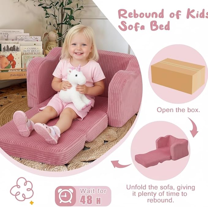 MeMoreCool Toddler Chair & Kids Couch Bed 2‑in‑1 Foldable Lounge Pink (1‑3 yrs) — Convertible Fold‑Out Seat to Sofa Bed for Toddlers, Soft Corduroy Finish, Machine‑Washable Cover, Ideal for Playrooms