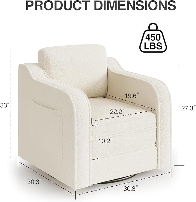 FiveWillowise Swivel Accent Chair Set of 2 for Living Room, 30 Inches Barrel Upholstered Armchair, Cozy Modern Arm Chair Single Sofa for Bedroom, Apartment, Reading Room, White