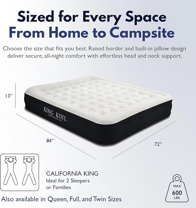 King Koil Luxury Plush Pillow Top California King Air Mattress with Built-in High-Speed Patented Pump for Home, Camping & Guests, 13" Inflatable Double High Blow Up Airbed, Waterproof, 1-Year Warranty