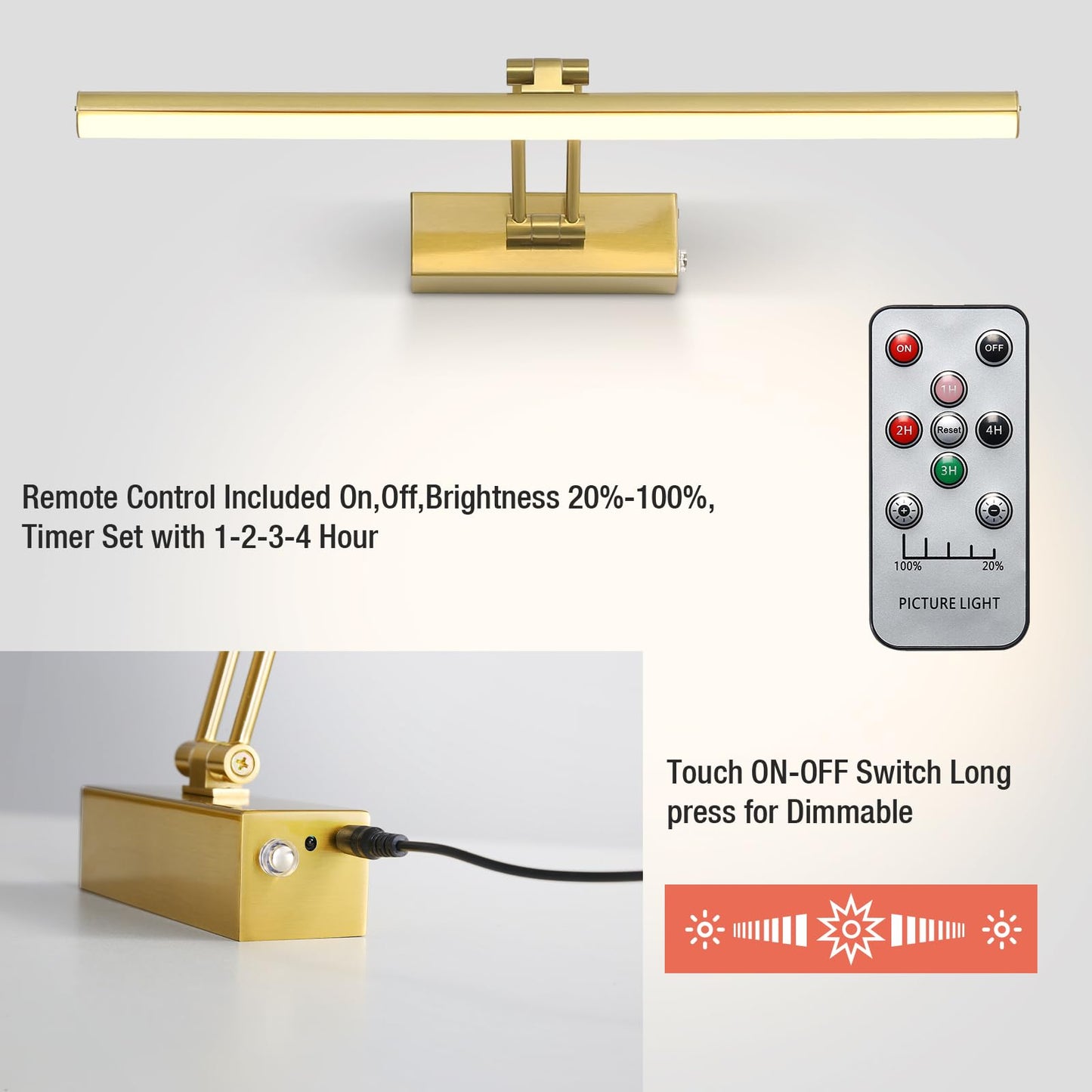 HOWMZON Picture Light,5200mAh Battery Picture Light with Remote, 16inches Metal Frame Light for Paintings, Rechargeable Display Wall Lamp for Gallery Portrait Artwork (Brass)