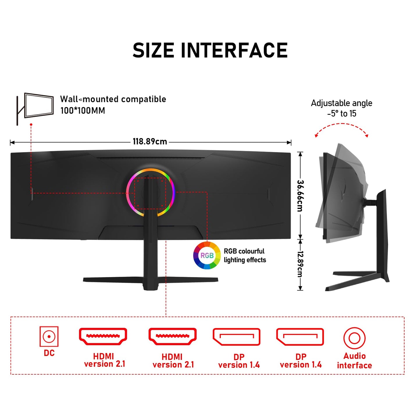 Gawfolk 49 Inch Curved Gaming Monitor 120hz,1500R PC Monitor Built-in Speakers, DQHD 5120x1440 Computer Screen for Home Office Business, DP, HDMI, Support Wall Mount 100x100mm
