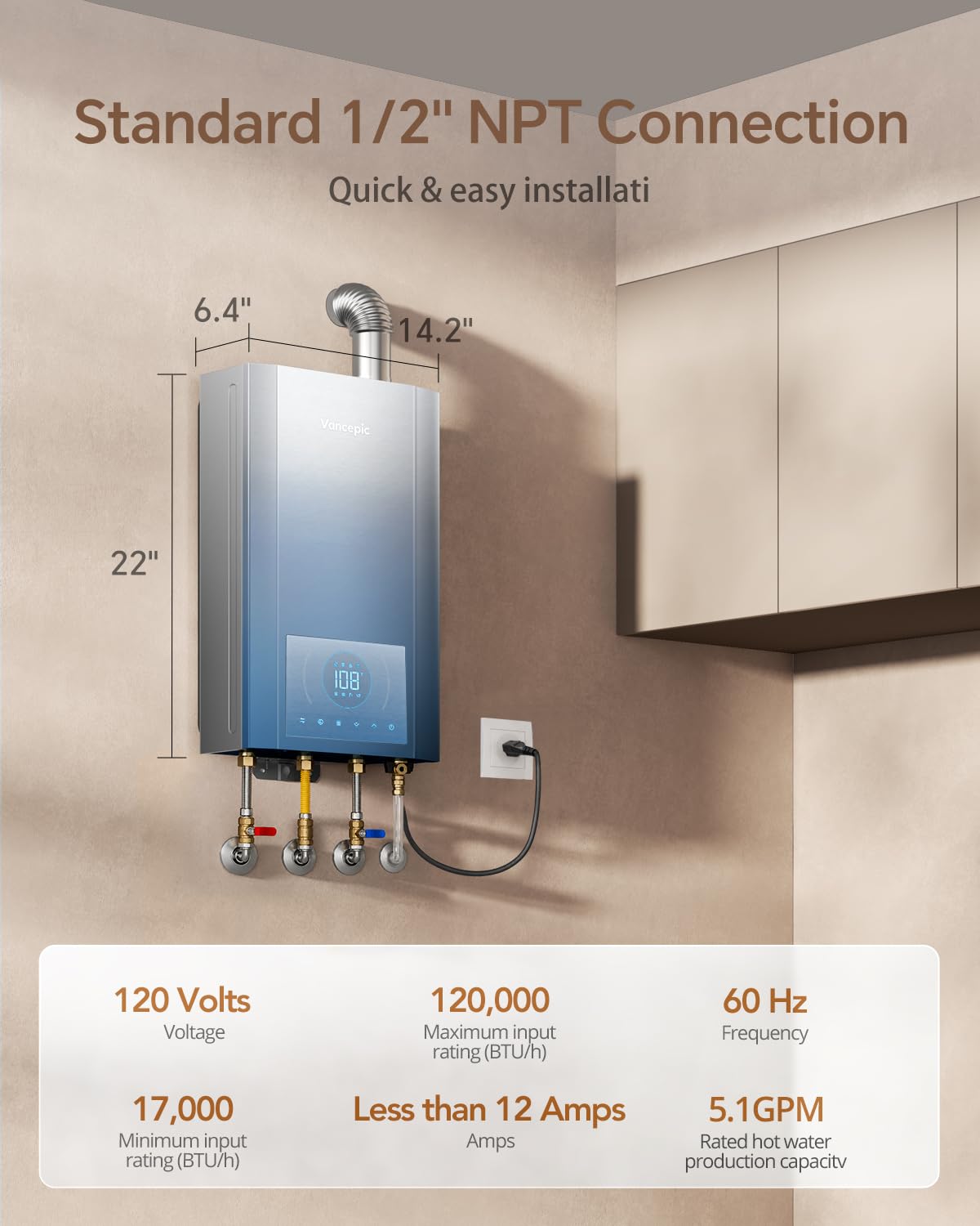 Vancepic 5.1 GPM Condensing Propane Gas Tankless Water Heater, 120,000 BTU High Efficiency Indoor On-Demand Heater with Smart Digital Control, Stainless Steel Heat Exchanger,LED Digital Display