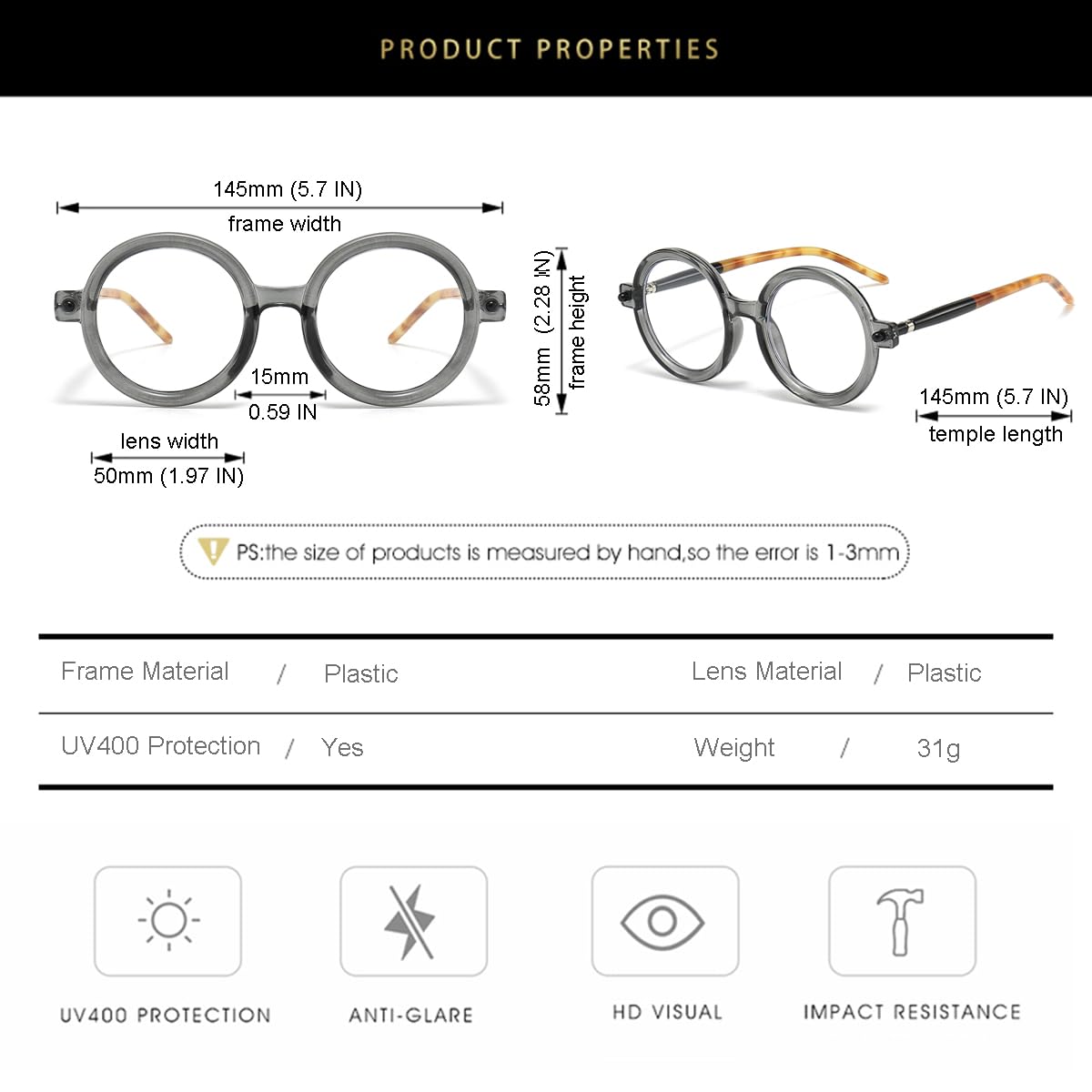 Gleyemor Retro Round Blue Light Glasses for Men Women 90s Vintage Costume Cosplay Glasses (Translucent Grey)
