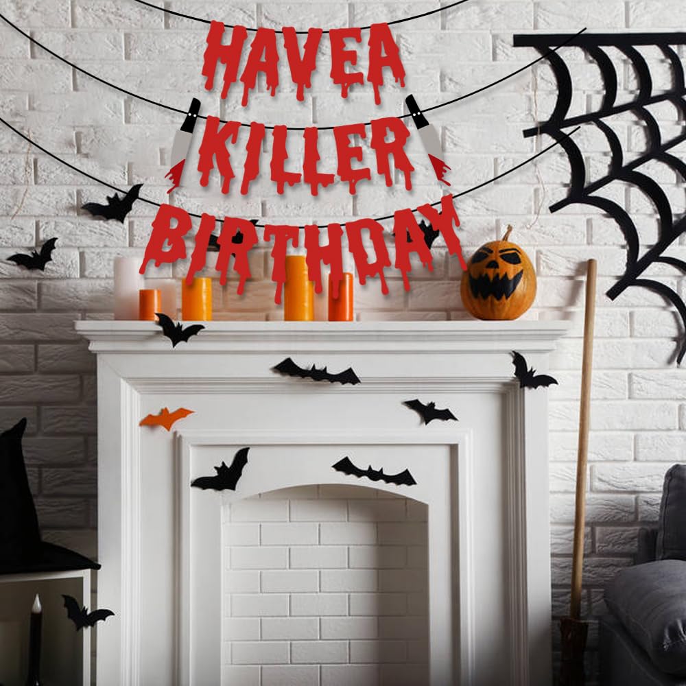 Quimoy Have a Killer Birthday Decorations, Halloween Banner Decorations, with 12 Pcs Bat Wall Sticker Décor Party,Kid Party,Haunted House Decor