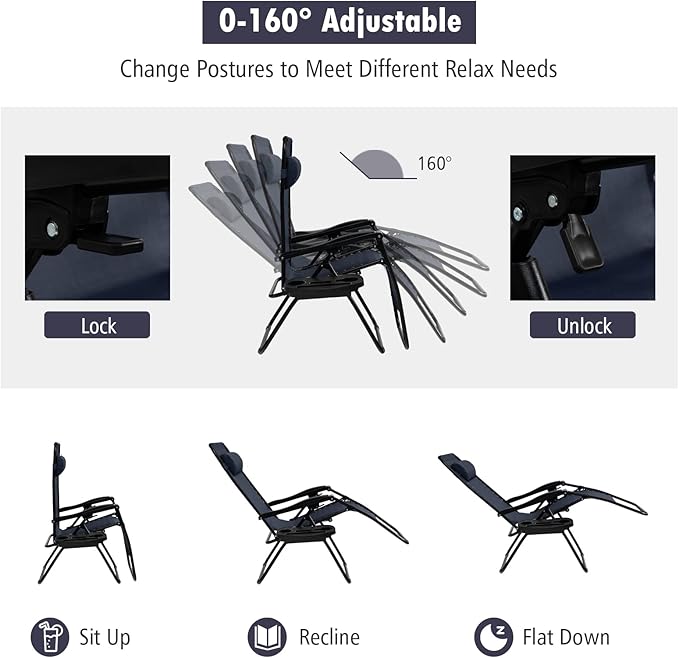 Tangkula Set of 2 Zero Gravity Chair, Folding Patio Lounge Chair Adjustable Outdoor Recliner with Cup Holder, Wide Armrest for Patio Garden Poolside Outdoor Yard Beach, Support 350 lbs (2, Navy Blue)