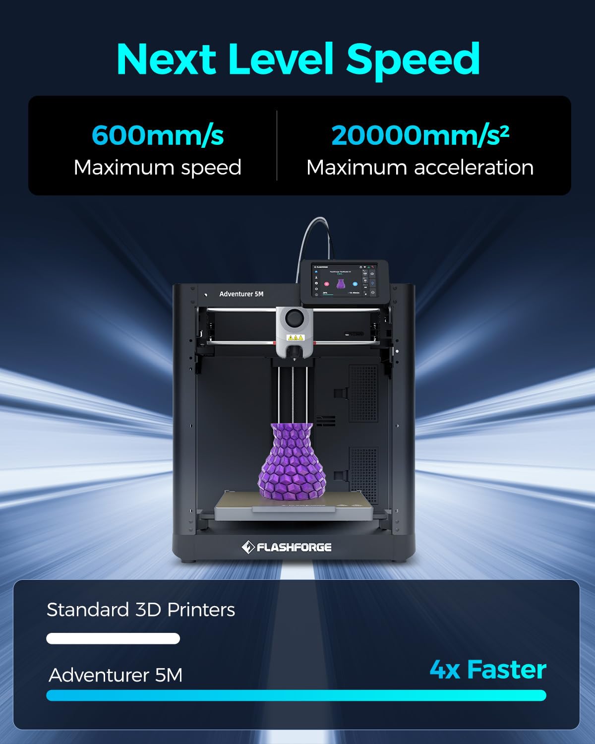 FLASHFORGE Adventurer 5M 3D Printer High Speed Max 600mm/s with Auto Leveling, 3-Second Nozzle Change, 220×220×220mm Printing, 280°C Direct Drive for Kids/Beginners/Home