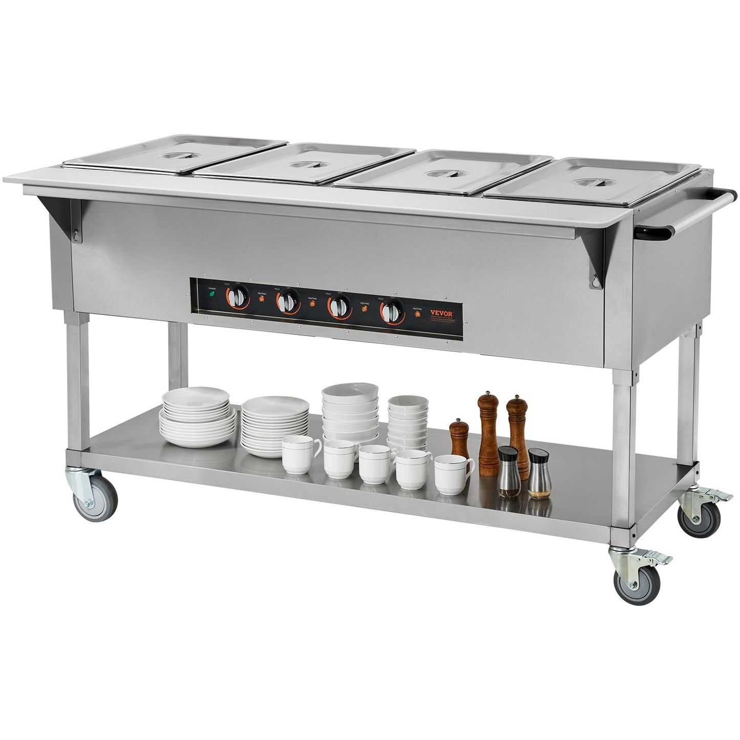 VEVOR Commercial Food Warmer, 2000W Electric Steam Table with 4 x 20.6QT Pans, Versatile Food-Grade Stainless Steel Server with Countertop & Shelf, Movable Buffet Catering Warmer for Party Restaurant