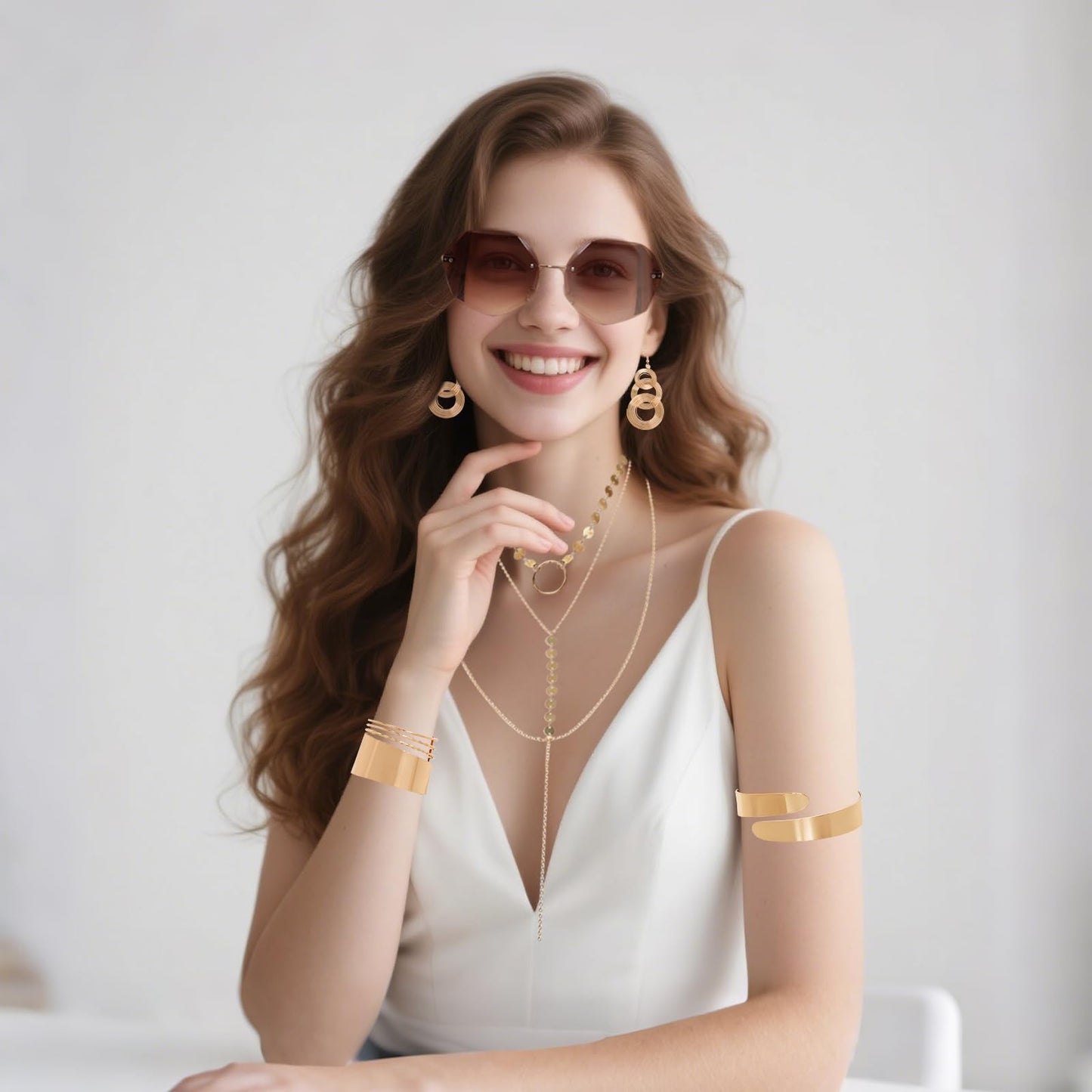 Fumwase 8PCS 70s Gold Disco Accessories Set for Women 1970s Disco Accessories Earrings Layered Necklace Bracelets Glasses Arm Cuff for Party Halloween Cosplay (Gold)