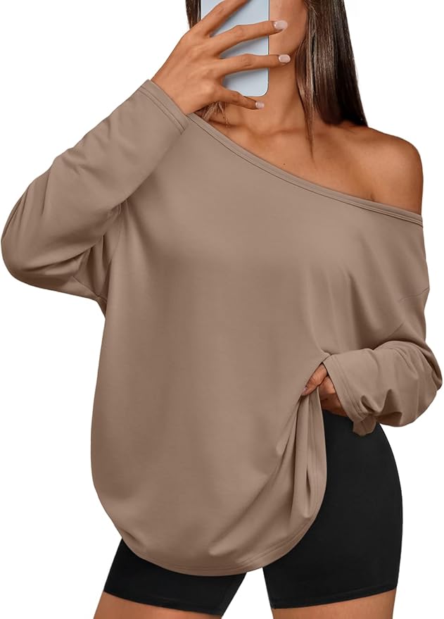 Trendy Queen Womens Off The Shoulder Tops Oversized Tshirts Long Sleeve 2026 Casual Basic Tees