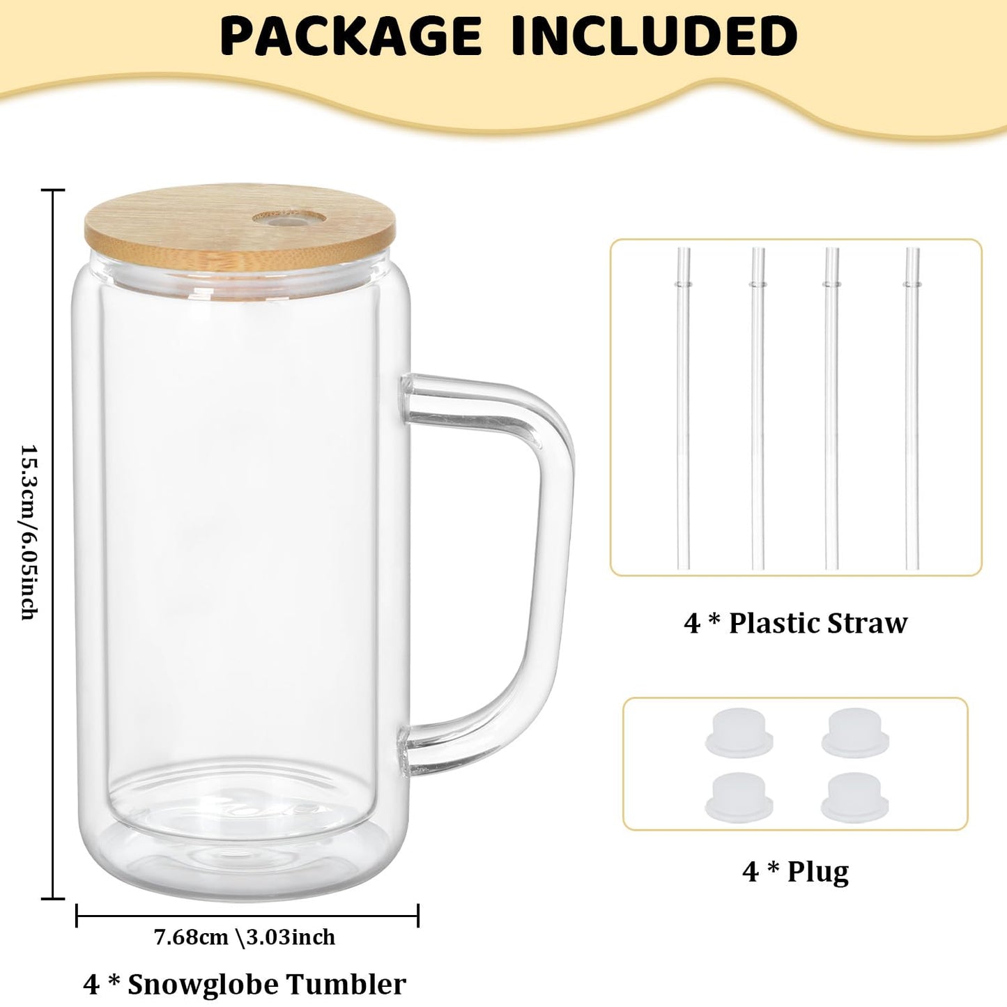 Maucircol 16 Oz Snow Globe Tumbler With Handle, Pre-Drilled Double Wall Snow Globe Glass Cup For Glitter, 4 Pack