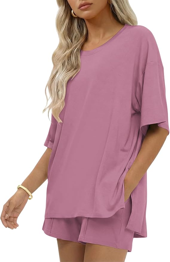 Ekouaer Womens 100% Cotton 2 Pieces Short Sets Summer Short Sleeve Outfits Casual Maching Lounge Set with Pockets
