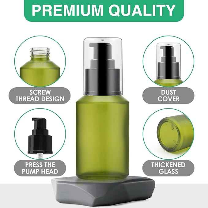 3PCS 60ML/2OZ Empty Green Frosted Glass Bottles with Pump Refillable Vial Cosmetic Dispenser Jars Storage Travel Lotion Container Portable Sample Bottle for Toiletries,Foundation,Cream,Gel,Lotion