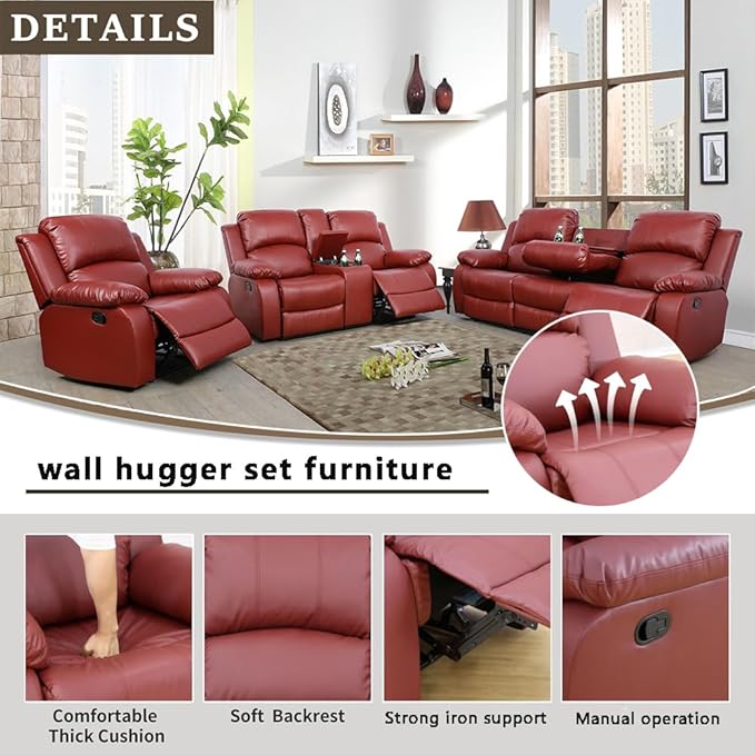A Ainehome Living Room Furniture Set Leather Recliner Sofa Set Loveseat Chair Furniture Sofa Set for Living Room/Small Space/Rv/House/Office/Theater Seating (A-Red Leather, 3 Piece Set)
