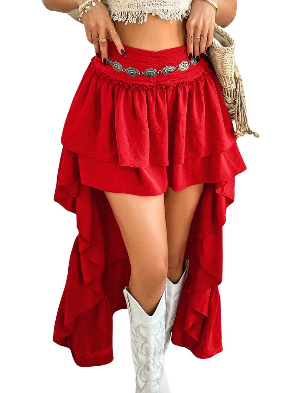 EHSUYAB Womens Renaissance High Low Skirt, Boho Flowy Asymmetrical Ruffle Pirate Skirts, Steampunk Festival Concert Outfits Red Small