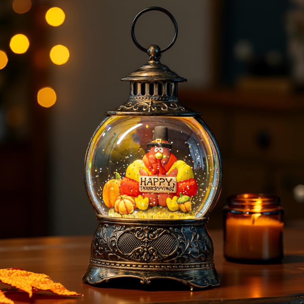 Fall Snow Globes Thanksgiving WaterLantern Swirling Glitter Snow Globe for Autumn Harvest Day Decorations Home Fall Halloween Decor Gifts (Turkey & Pumpkins)