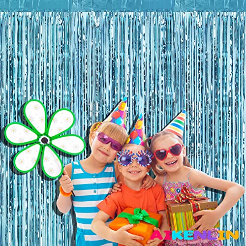 4 Pack Light Blue Foil Fringe Curtain Backdrop, 3.2Ft x 9.8Ft Metallic Tinsel Foil Fringe Streamers Curtains for Party, Ph...