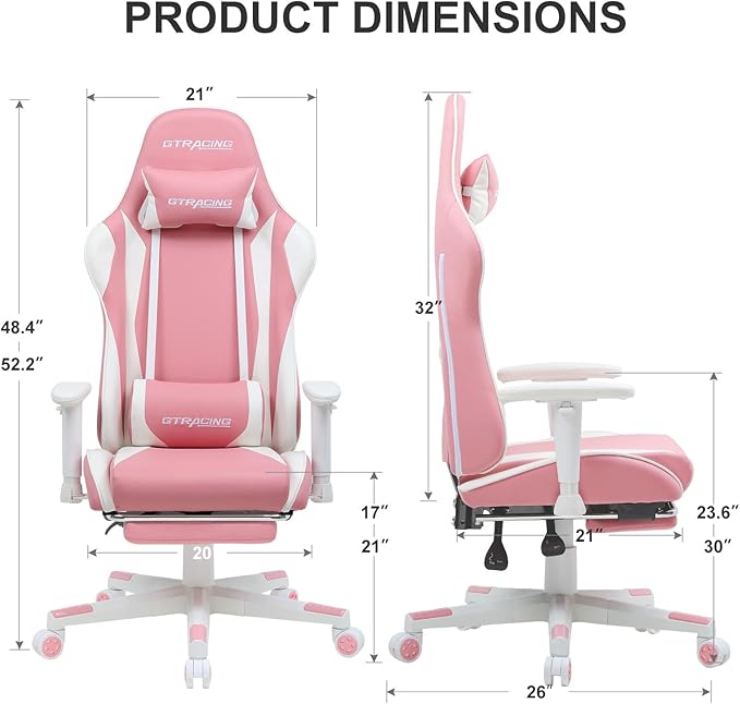 GTPLAYER Gaming Chair with Footrest, Ergonomic Computer Game Desk Chair, Reclining Game Chair Seat Height Adjustment, Swivel Rocker with Headrest and Lumbar (Pink)