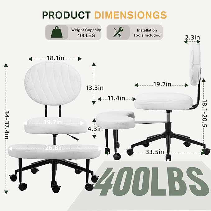 Ergonomic Cross Legged Office Chair with Wheels, Wide Seat and Backrest for Meditation, ADHD Cross Legged Office Chair with Adjustable Height, 360°Rotating Footrest for Yoga Home Office