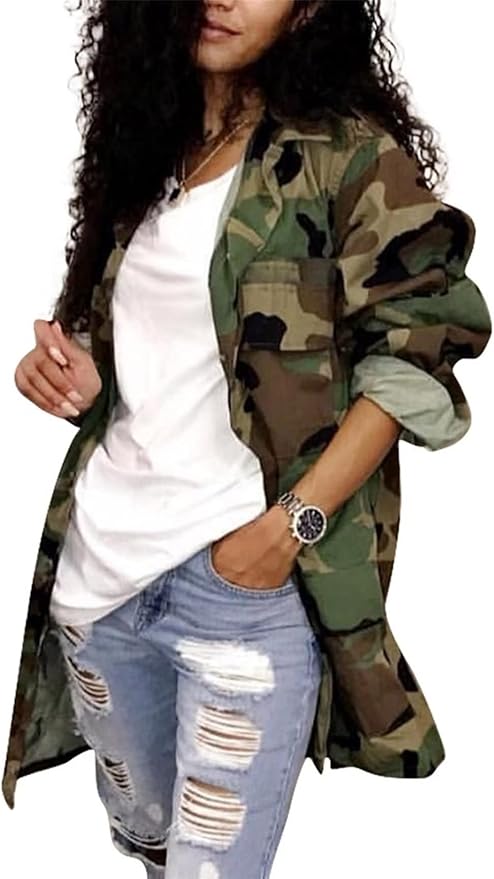 Sexy Camouflage Jacket for Women Army Fatigue Long Cargo Jackets Trench Coat Plus Size