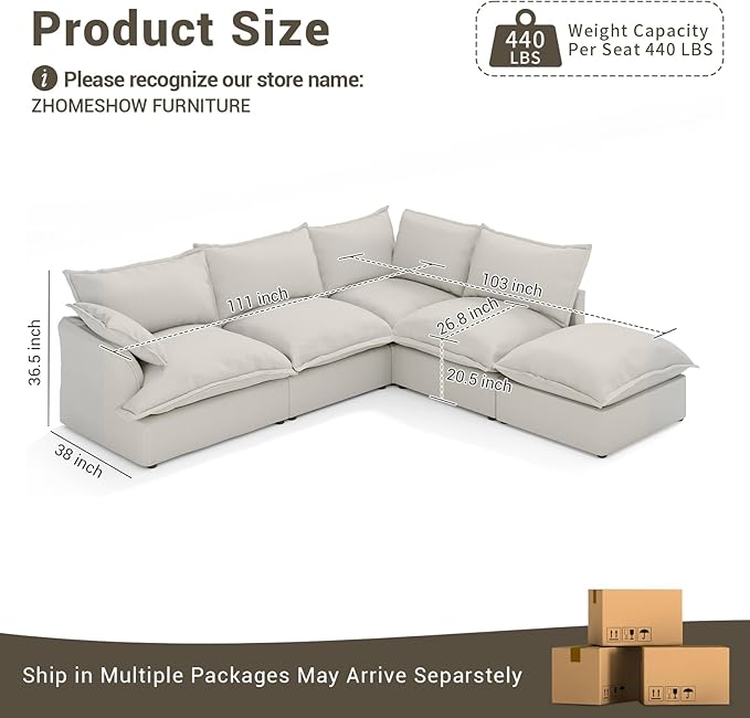 Lopzeho Oversized Cloud Modular Sectional Sofa, Comfy Down Filled Cloud Couch with Removable Cover, L Shaped 4 Seat Couch with Ottoman, Deep Seat Sectional Couches for Living Room, Light Gray