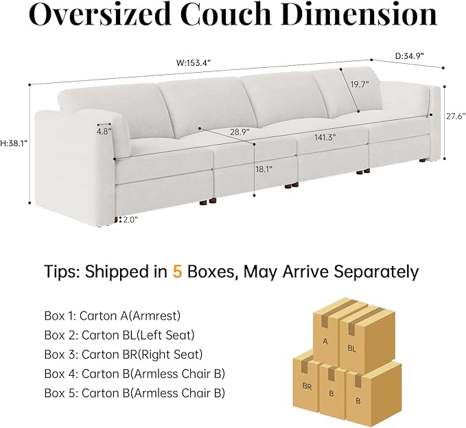 CUGOAO 153.4'' Modular Sectional Sofa, Oversized, Sectional Couch, Deep Seat Chenille Cloud Couch Sofa, Removable Cover, Mordern Upholstered Couches for Living Room, Apartment, Office, Beige