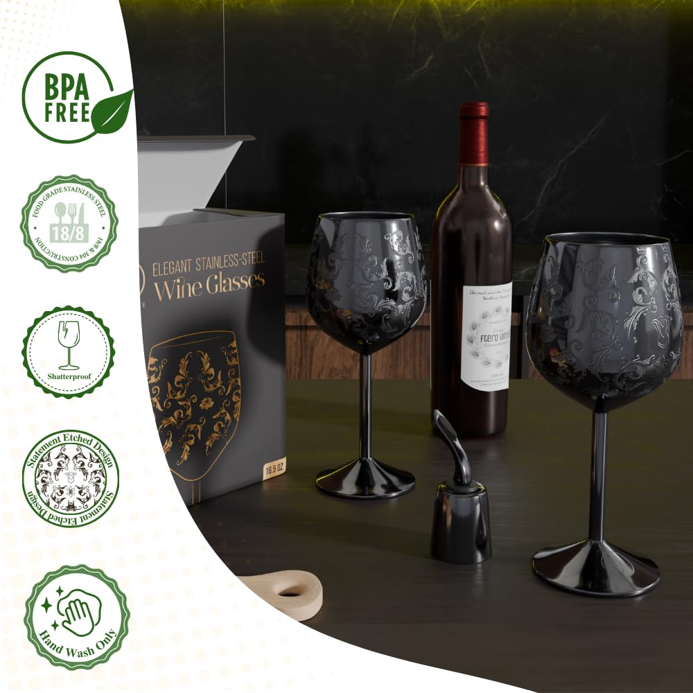 vaanshie 17oz Stainless Steel Wine Glasses [Set of 2] – Black Royal Goblets with Intricate Baroque Engravings, Unbreakable and Shatterproof Wine Cups with Bottle Stopper Ideal for Mother's Day Gift