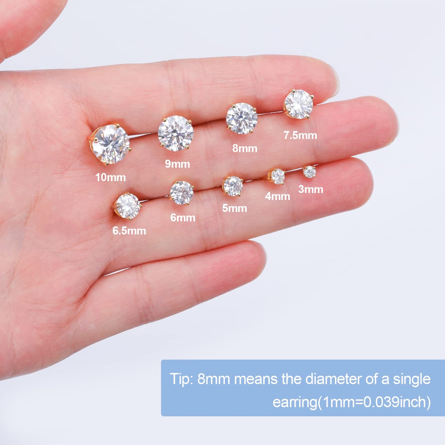 Moissanite Earrings Screw Back 8 Carats 10mm Moissanite Stud Earrings for Women, 18k Yellow Gold Plated S925 Sterling Silver Men