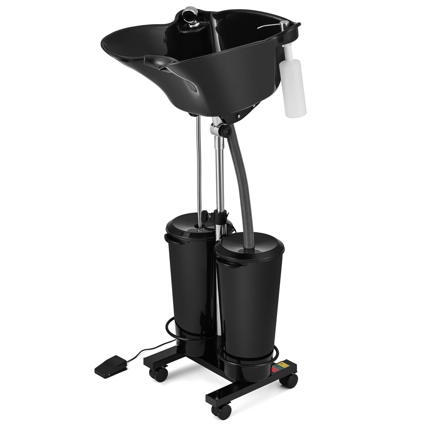 Artist hand Portable Shampoo Bowl with Electric Pump, Portable Hair Washing Sink for Home & Barber, Adjustable Height, Dual-Bucket Design, Drain Hoses, High-Pressure Sprayer, Foot Pedal Switch, Black