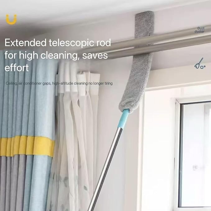 Flat Duster with Extension Pole, Bendable Microfiber Head for Under Appliances & Ceiling Fans - Flexible Long Reach Duster for Hard to Reach Areas, Furniture, Vents & Cobwebs