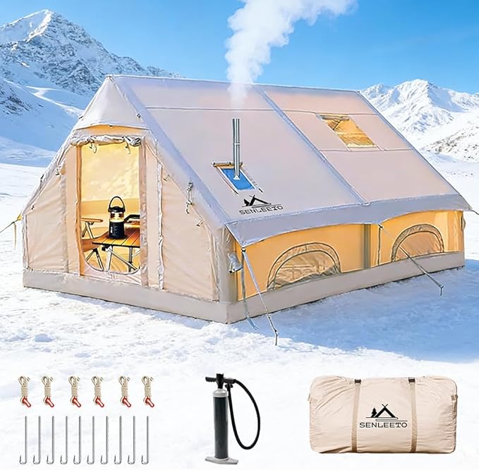 Inflatable Camping Tents 8-10 Person,129 Square Feets Large Inflatable Camping Tent with Stove Jack,Blow up Tent with Mesh...