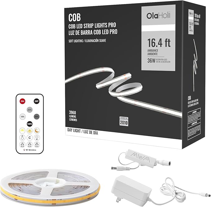 Olaholii 16.4ft COB Led Strip Light with Remote, 6500K Ra93+ Dimmable Bright Daylight White Led COB Strip Light, White Con...
