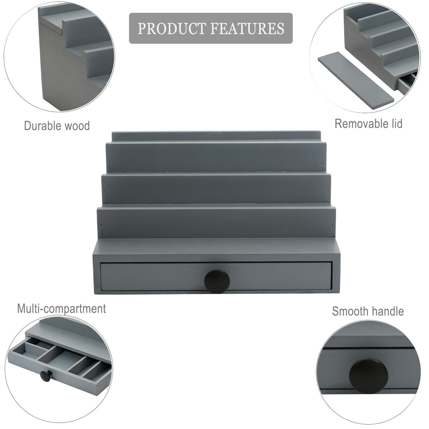 Fengligoo Cologne Organizer for Men - 4 Tier Wooden Grey Cologne Display Stand with Drawer and Hidden Compartment, Mens Cologne