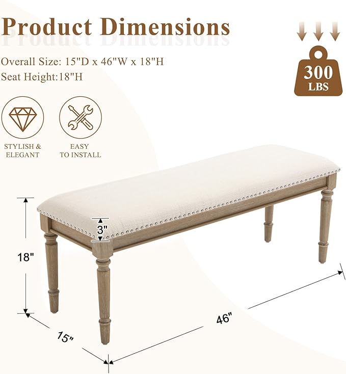 DM Furniture 46'' French Country Entryway Bench Wooden Linen Fabric Upholstered Seat Dinng Bench with Nailhead Trim for Hallway End of Bed, Beige
