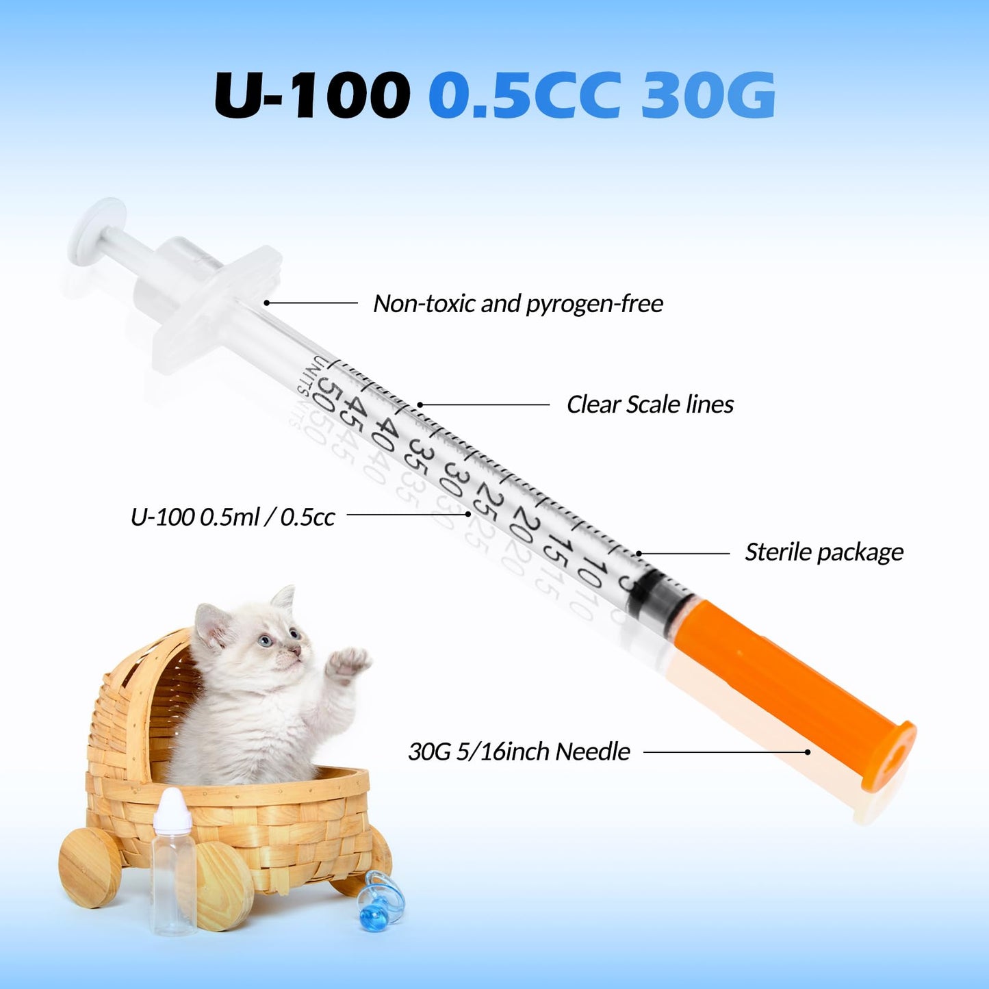 0.5ml 30 Gauge 0.5cc 30G 5/16 Inch 8mm Disposable U-100 Lab Supplies, Box of 100