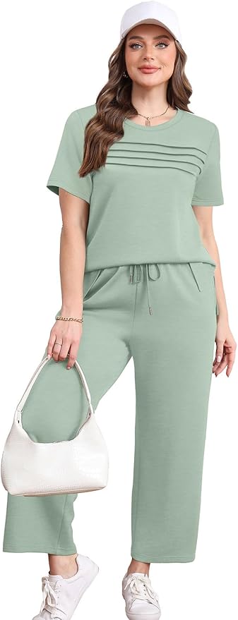 WIHOLL Two Piece Sets for Women Summer Travel Vacation Outfits Short Sleeve Lounge Sets Side Slit Wide Leg Pants S-3XL