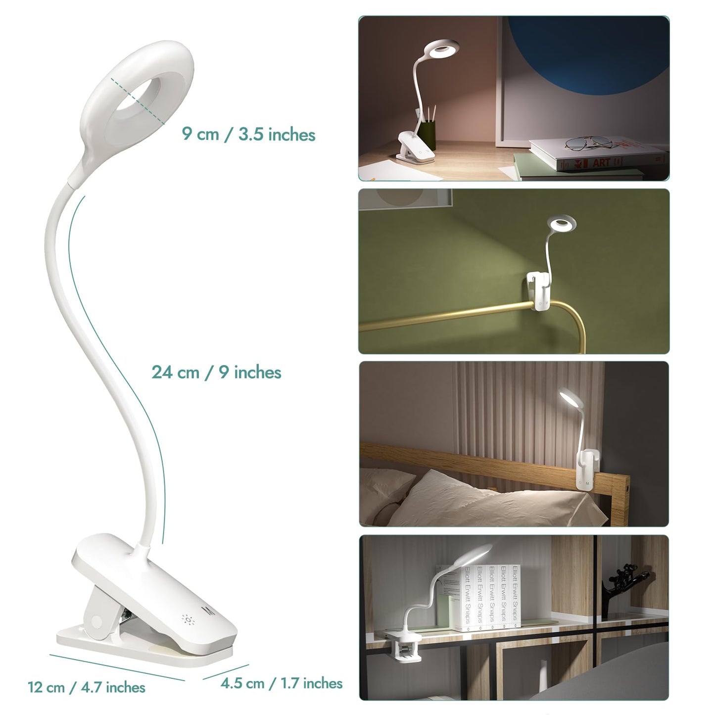 CUHIOY 2Pack Clip on Reading Light, 5 Colors 5 Brightness Bed Light for Headboard, Battery Rechargeable Flexible Arm Table Lamp with Clamp, Eye Protect LED Book Light at Night for Crafting（White）