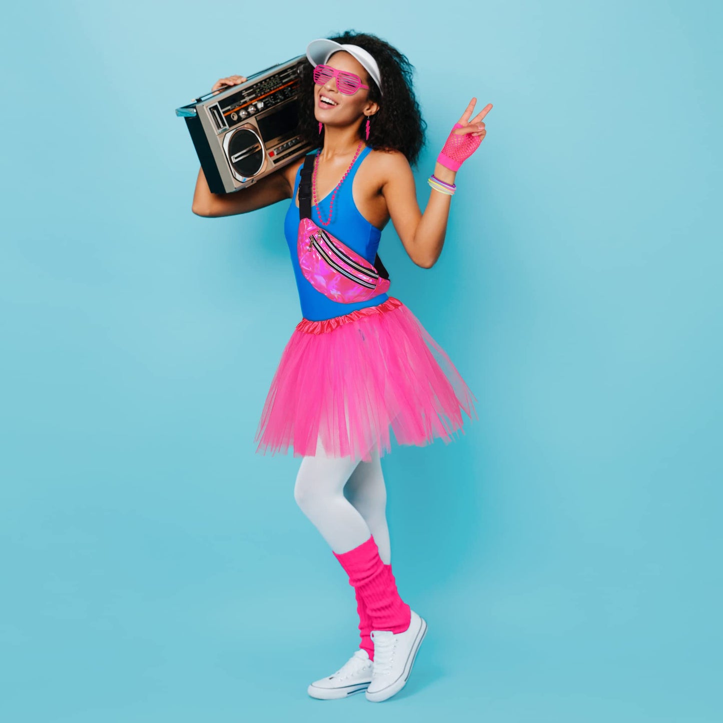 SOMSOC 80s Outfit Costume Accessories for Women, Neon Tutu Headband Necklace Gloves Eyeglasses Leg Warmer for 80s Theme Party