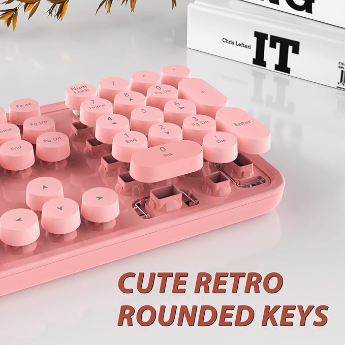 Kootop Wireless Keyboard and Mouse Combo, Cute Colorful 104 Keys Typewriter Retro Round Keycaps Keyboard for PC Laptop,Desktop,Windows, Home and Office Keyboards(Pink White)