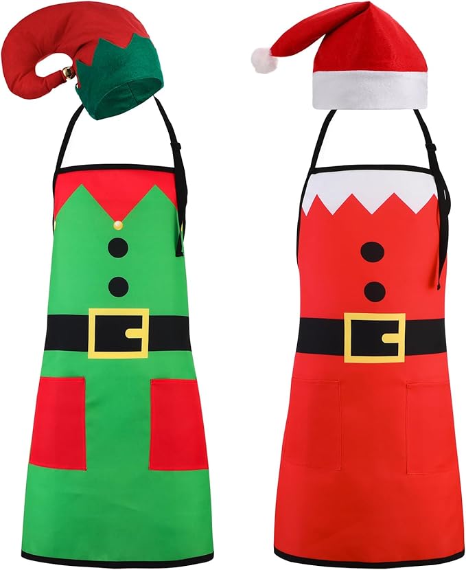 XLSXEXCL 2 Set Christmas Apron and Hat Set Elf Santa Claus Apron and Hat Funny Santa Claus Elf Cosplay Costume Kit for Xma...