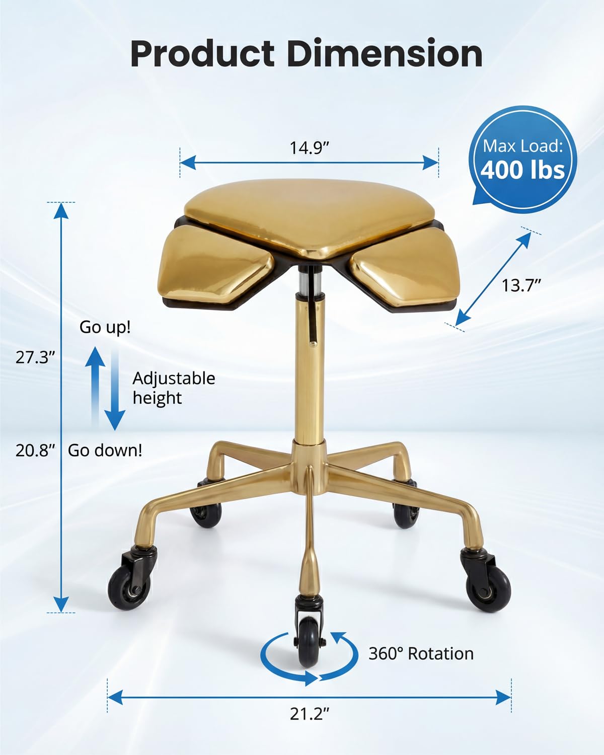 Towning Stool Chair with Ultra-Quiet Wheels, Rolling Salon Stool with Adjustable Height, 360 Degree Swivel Ergonomic Chair for Hair Stylist, Clinic, Massage, Office, Home (Gold)