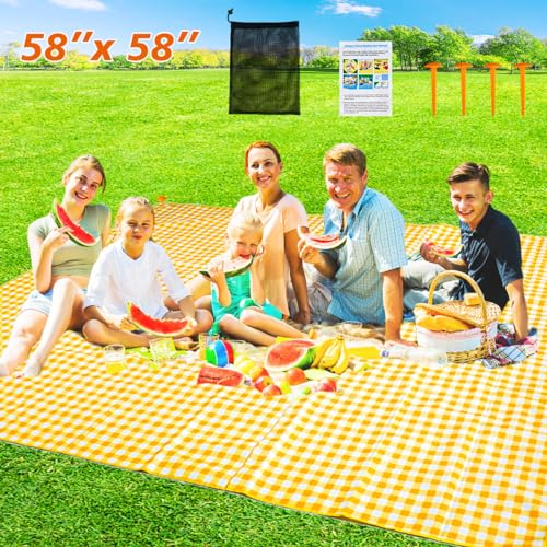 ZHUYNXIR Extra Large Picnic, Waterproof Blanket, Gingham Picnic Mat for Beach, Camping Grass Picnic Blankets. (Yellow 58x5...