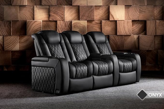 Valencia Tuscany Home Theater Seating Semi-Aniline Italian Nappa 20000 Leather Ultimate Luxury Heat & Ventilation Power Recliner Power Lumbar and Headrest (Row of 4, Onyx)