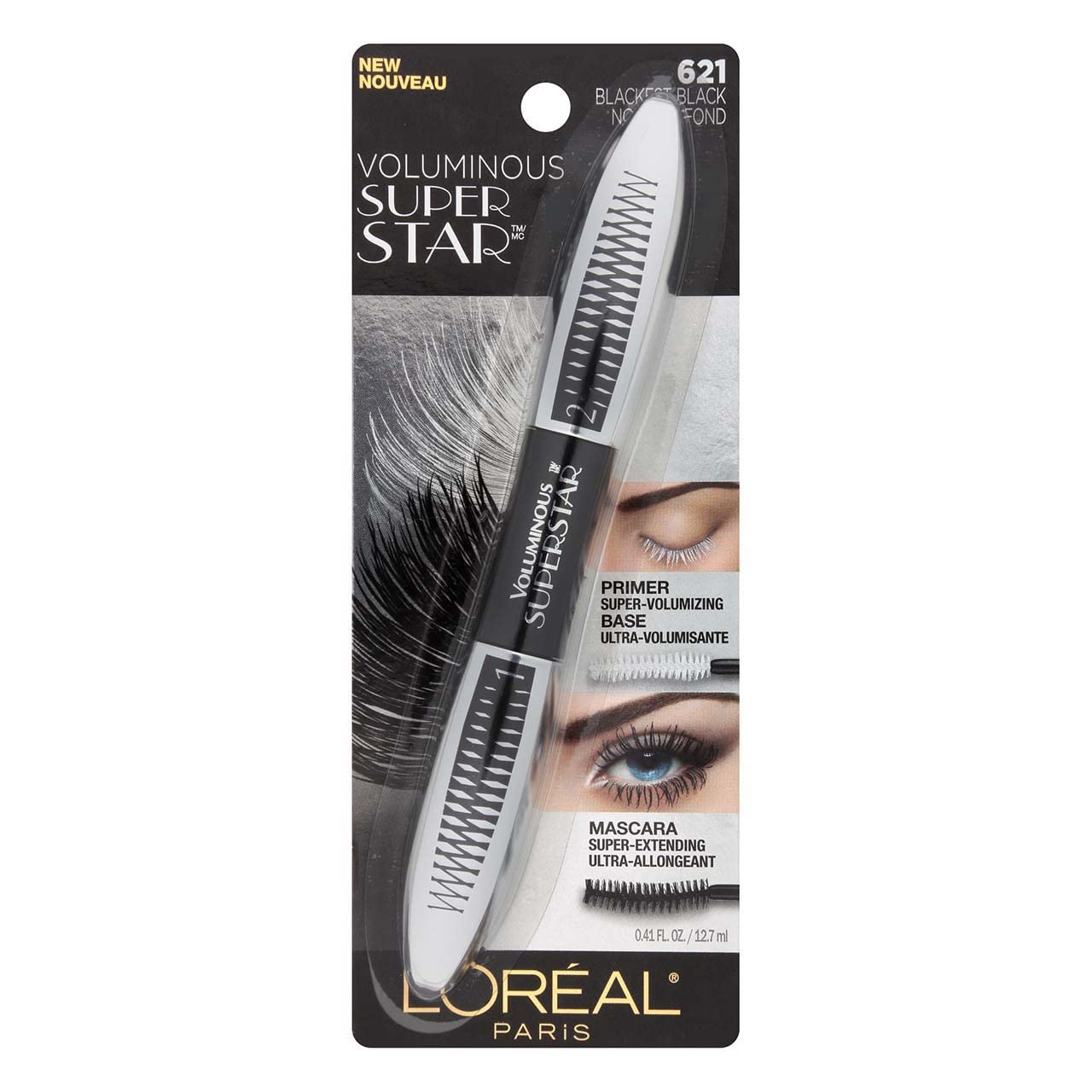 L 'Oreal Paris Cosmetics Voluminous Superstar Washable Mascara, Blackest Black [621] 0.41 oz (Pack of 2)