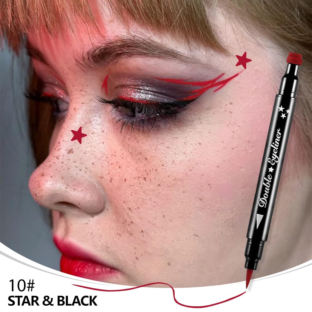 evpct 1Pcs 2-in-1 Red Colored Winged Eyeliners Stamp, Red Stars Face Stamps Makeup, Waterproof Eyeliner Eye Stamp Liners Tool Se