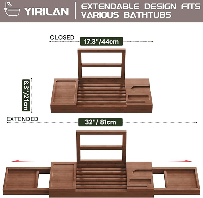 Yirilan Bamboo Bathtub Tray, Expandable Bathroom Tray,Browm