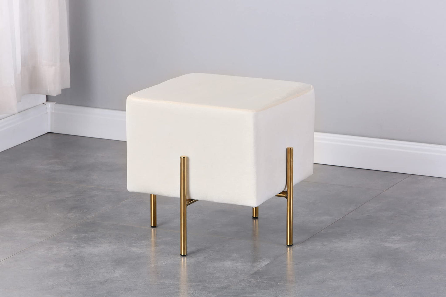 Kirpi Velvet Ottoman Set of 2, Cream Modern Gold Vanity Stool Square, Contemporary Foot Stool Ottoman, Upholstered Cube Foot Rest with Gold Metal Legs