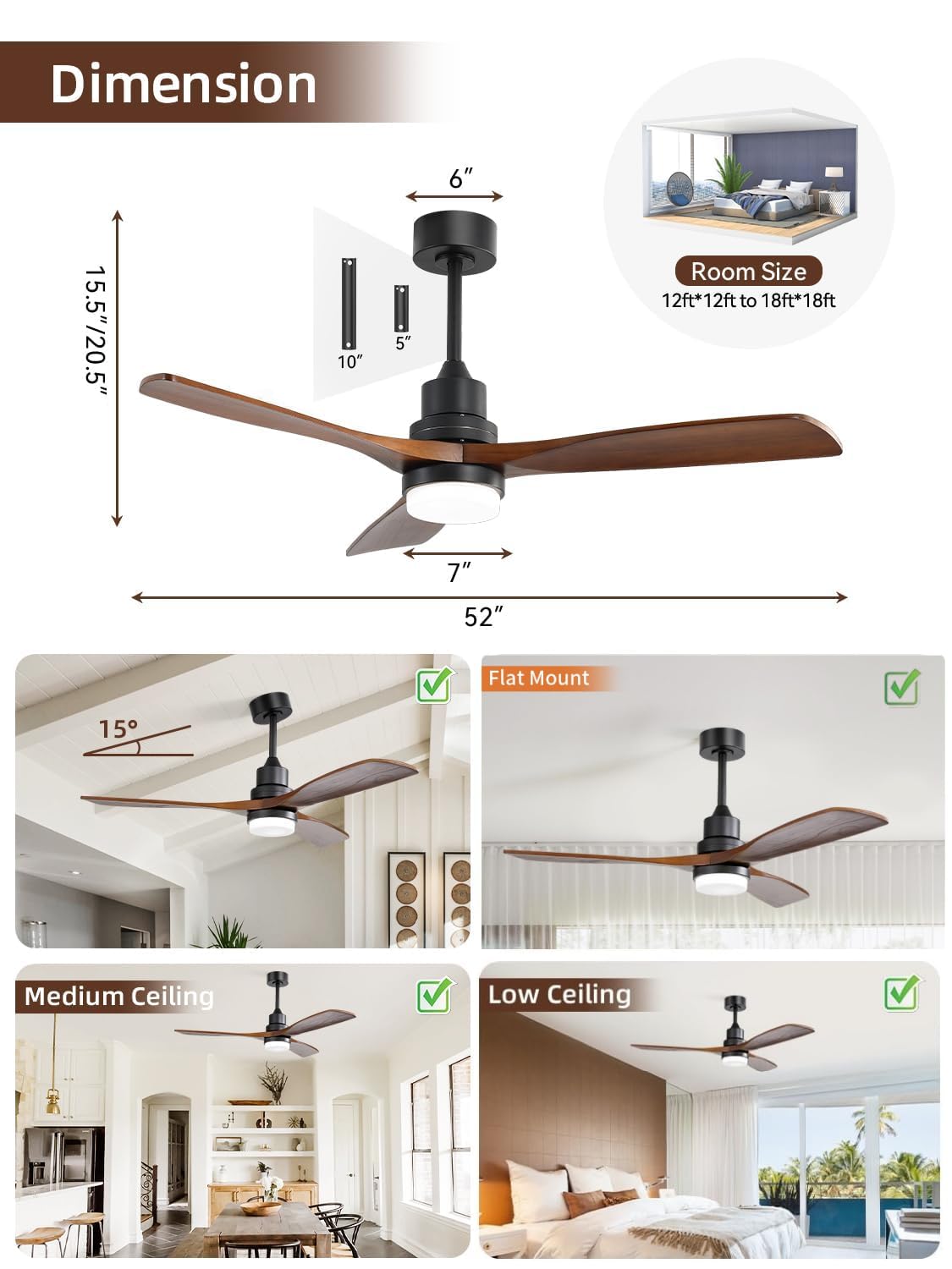 Sofucor 52 Inch Ceiling Fans with Lights and Remote Control, Modern Solid Wood Outdoor Ceiling Fan with Light for Bedroom Living Room Indoor Farmhouse Patio, Quiet DC Motor