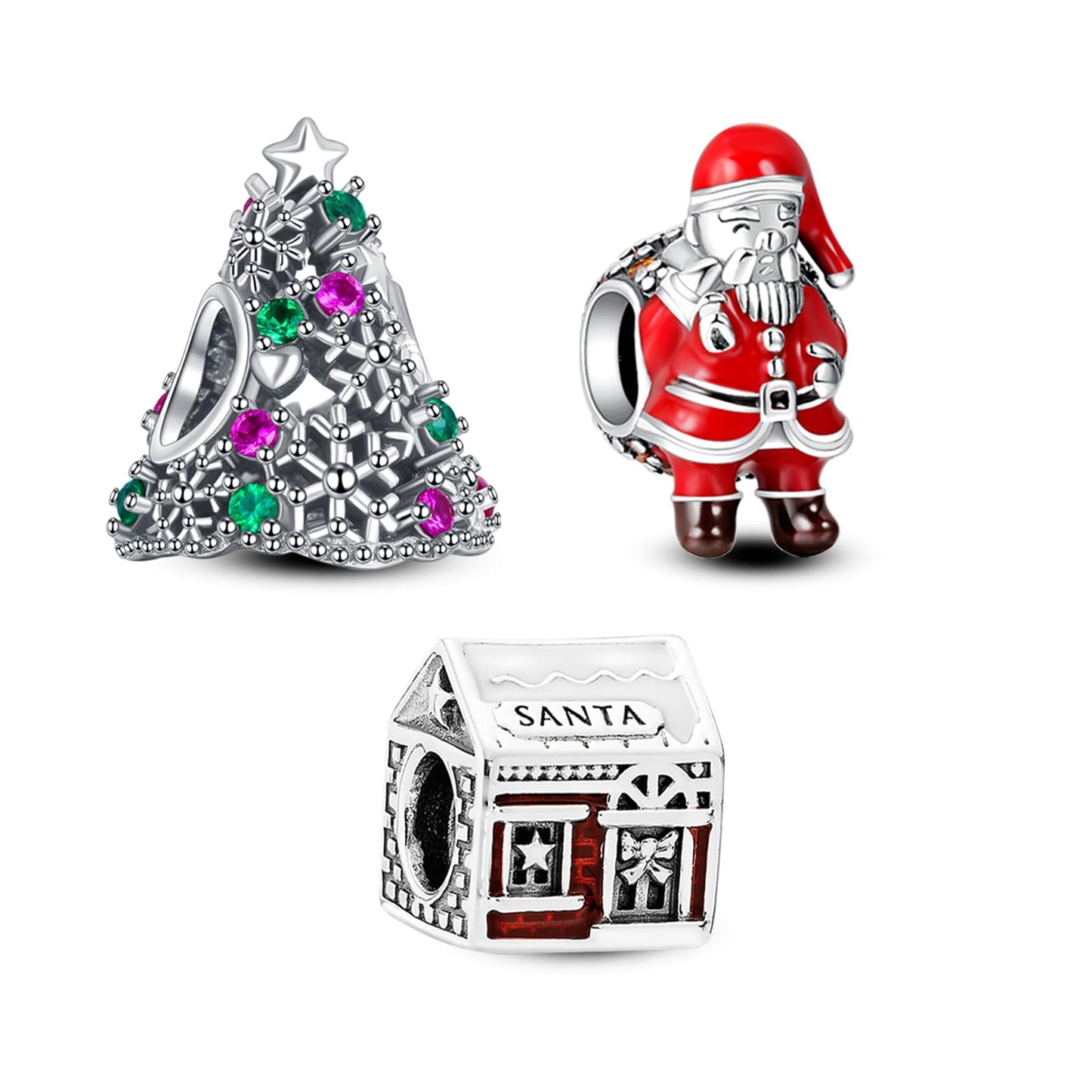 Annmors 925 Sterling Silver Charms fit Bracelets Necklaces Christmas Santa Tree House Dangle Beads with 5A Cubic Zirconia Christ